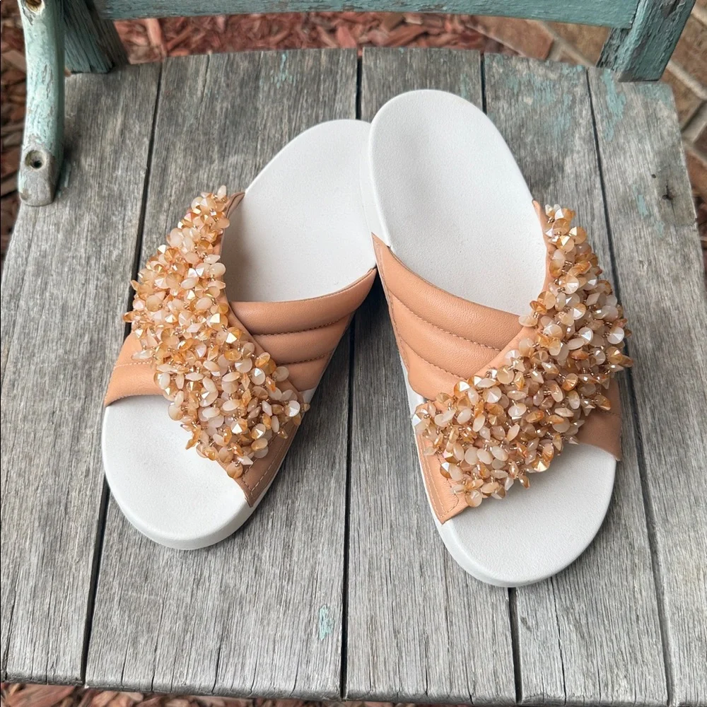 Embellished Tan Slide Sandals for Women - Bead Accent
